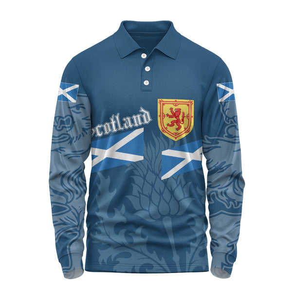 Scotland Long Sleeve Polo Shirt Saltire Thistle Crest Blue Heritage Emblem National Pride Wear