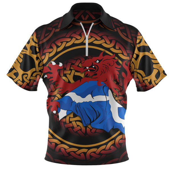 Scotland Zip Polo Shirt Burning Lion Celtic Flame Saltire Embrace Warrior Spirit Armor