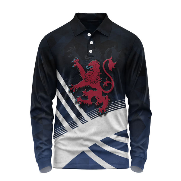 Scotland Long Sleeve Polo Shirt Red Lion Dynamic Stripes Saltire Emblem Bold Highland Energy Look
