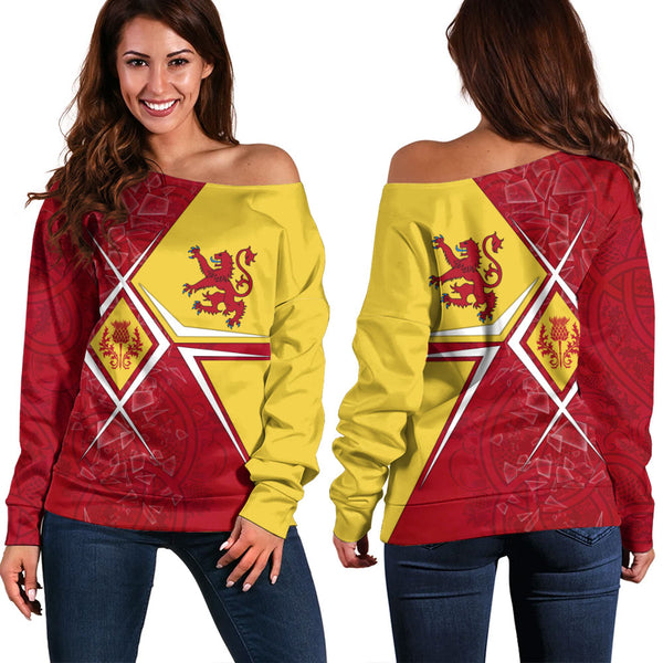 Scotland Off Shoulder Sweatshirt Royal Flame Thistle Crest Red Lion Valor Modern Heritage Blend