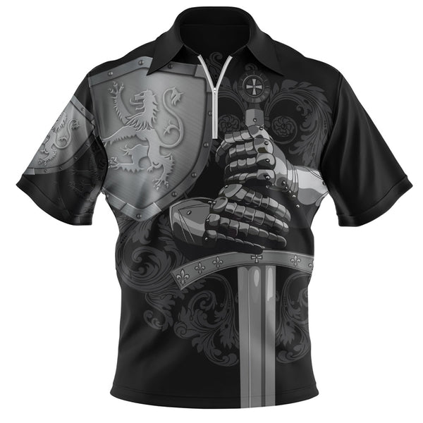 Scotland Zip Polo Shirt Medieval Warrior with Steel Gauntlet Holding Sword and Shield Lion