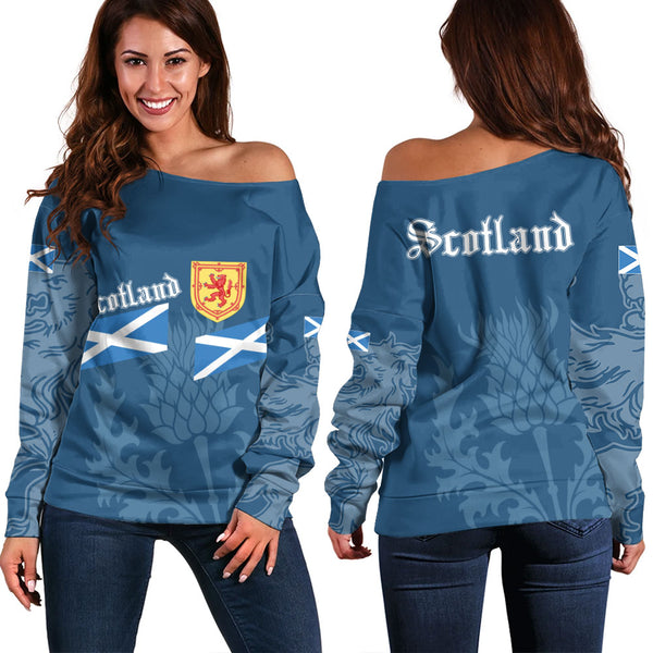 Scotland Off Shoulder Sweatshirt Saltire Thistle Crest Blue Heritage Emblem National Pride Wear