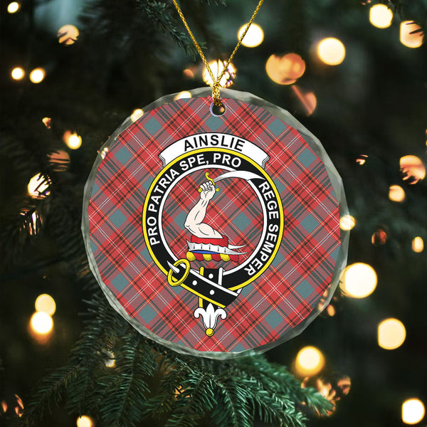 Ainslie Weathered Clan Badge Tartan Glass Ornament
