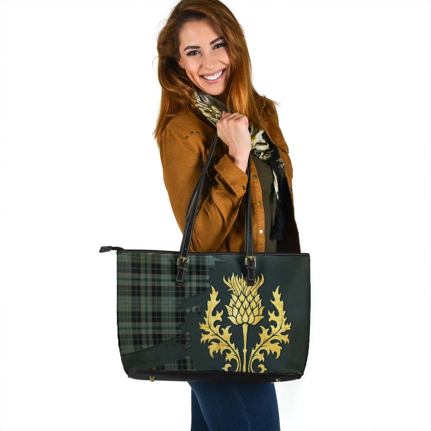 Drummond Clan Tartan Leather Tote Bag Thistle Style main image 1