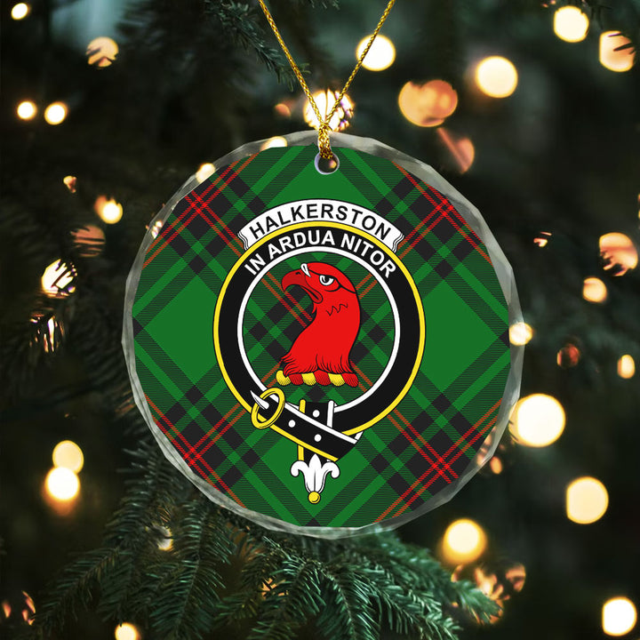 Halkerston Clan Badge Tartan Glass Ornament