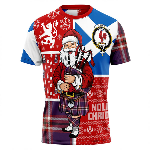 Laing of Archiestown (Lang of Archiestown) Weathered Clan Badge Tartan T-Shirt Scotland Christmas Santa