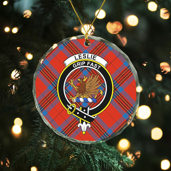 Leslie Ancient Clan Badge Tartan Glass Ornament