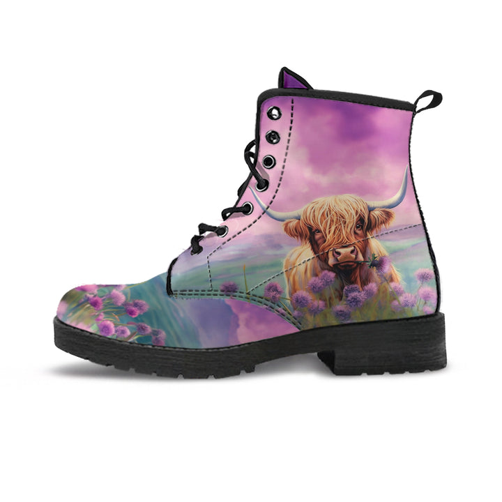 Highland Cattle Leather Boot With Thistle Violet Background