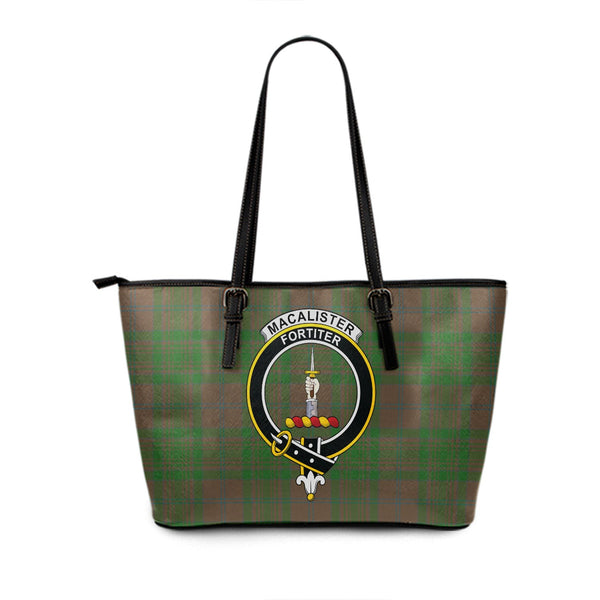 MacAlister of Glenbarr Hunting (MacAlister of Glenbarr; Hunting) Ancient Clan Badge Tartan Leather Tote Bag