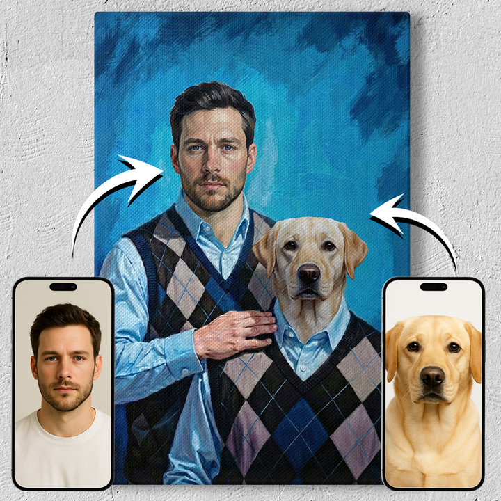 Man and dog custom art portrait transformed into canvas piece
