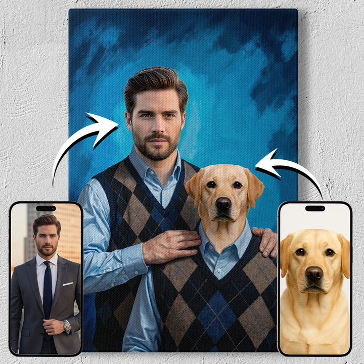 Personalized man and dog artwork on canvas from uploaded image