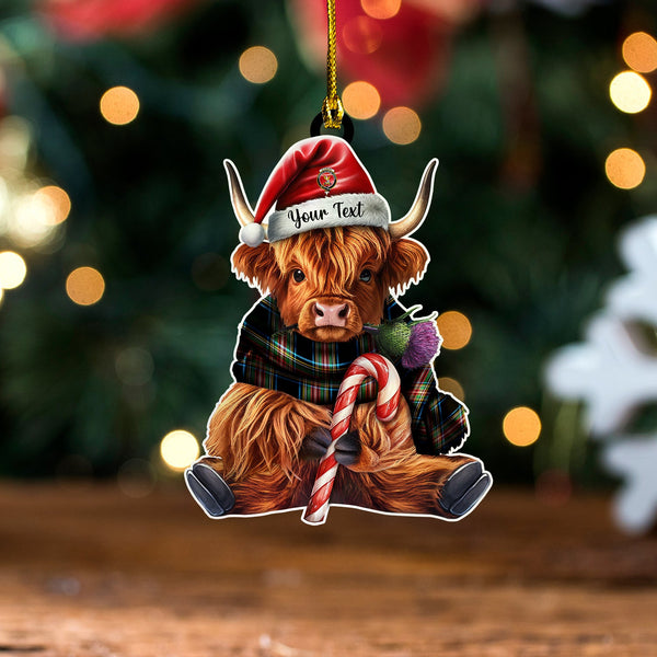 Stewart Black Ancient Clan Badge Tartan Wood Acrylic Ornament Highland Cow And Thistle Personalized