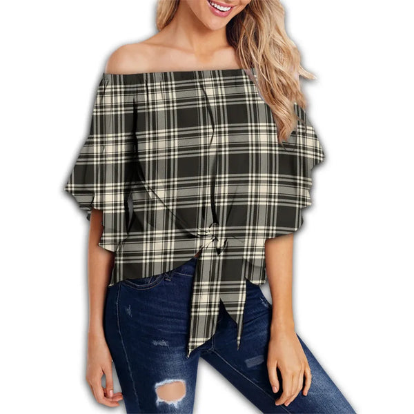 Menzies Black & White Ancient Tartan Classic Off Shoulder Waist Wrap Top