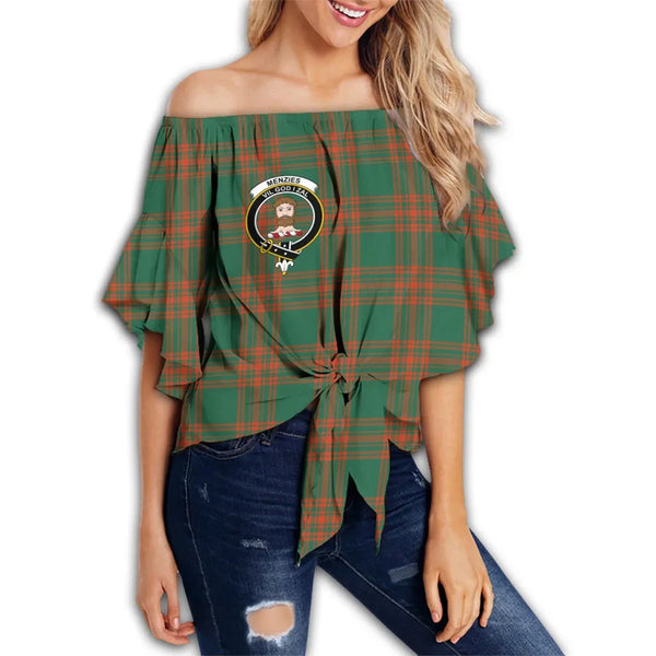 Menzies Green Ancient Tartan Classic Crest Off Shoulder Waist Wrap Top