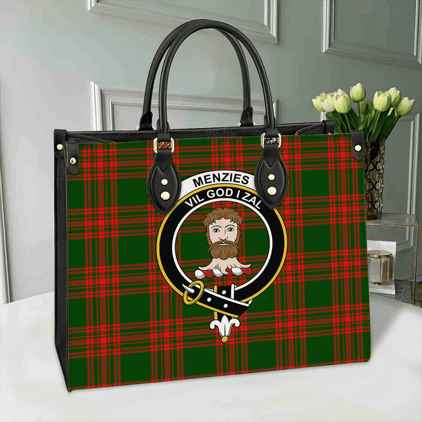 Menzies Green Modern Tartan Classic Crest Leather Bag