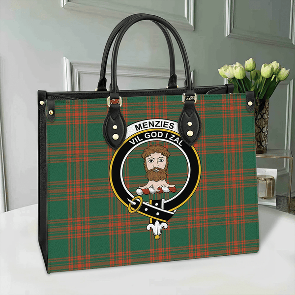 Menzies Green Ancient Tartan Classic Crest Leather Bag