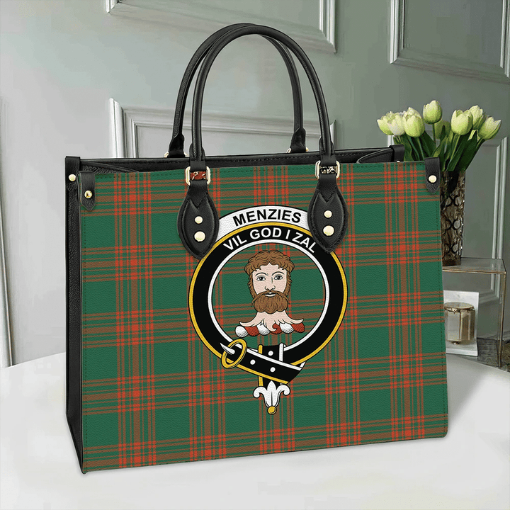 Menzies Green Ancient Tartan Classic Crest Leather Bag