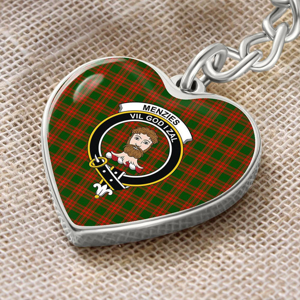 Menzies Green Modern Tartan Classic Crest Heart Keychain