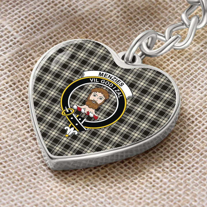 Menzies Black & White Ancient Tartan Classic Crest Heart Keychain