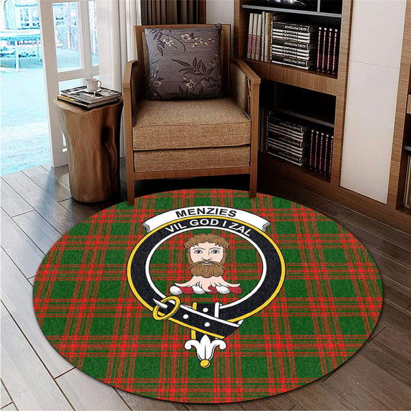 Menzies Green Modern Tartan Classic Crest Round Carpet