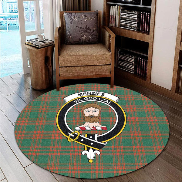Menzies Green Ancient Tartan Classic Crest Round Carpet