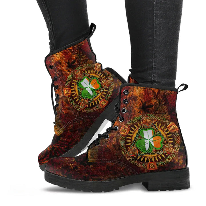 Ireland Celtic Leather Boots - Irish Shamrock Triangle Knotwork Autumn Style