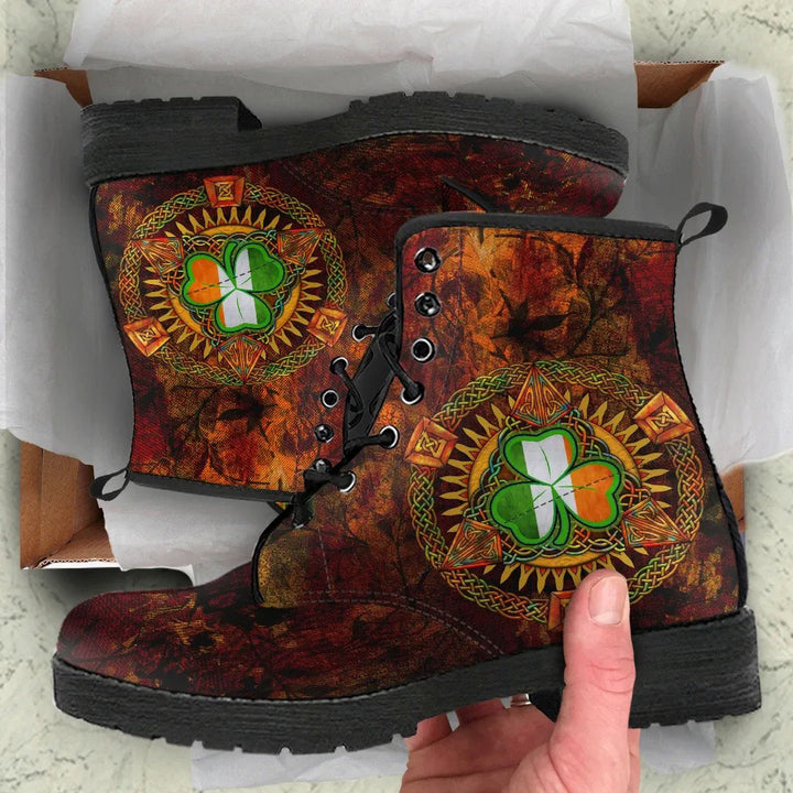 Ireland Celtic Leather Boots - Irish Shamrock Triangle Knotwork Autumn Style