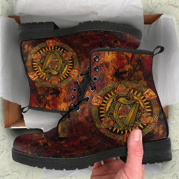 Ireland Celtic Leather Boots - Irish Coat Of Arms Triangle Knotwork Autumn Style
