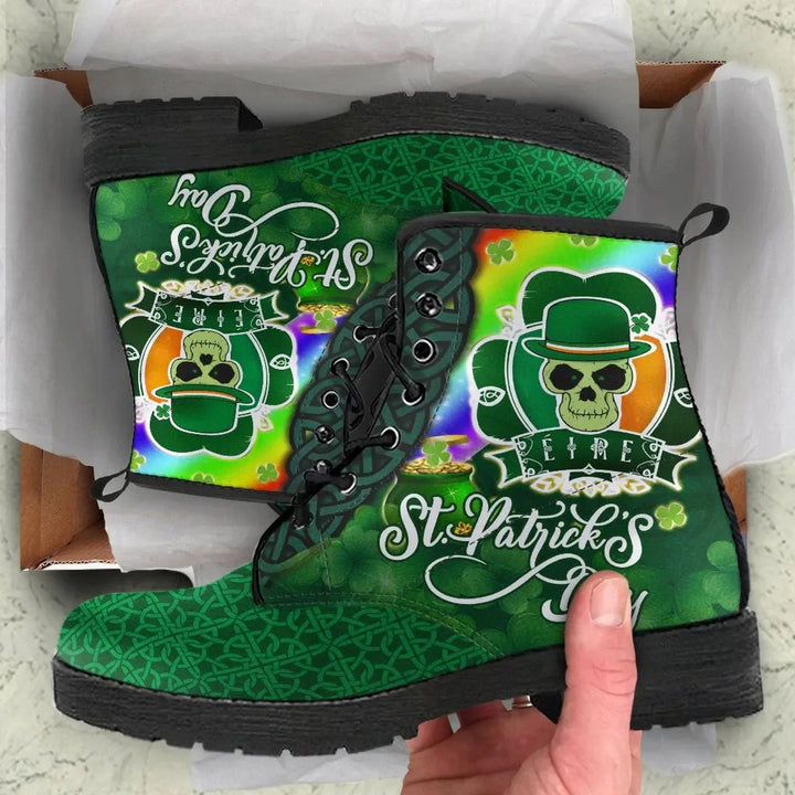 Happy St. Patrick's Day Leather Boot - Irish Skull and Flamingo