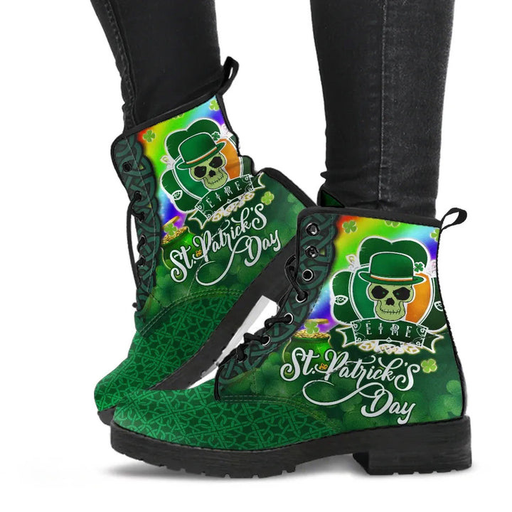Happy St. Patrick's Day Leather Boot - Irish Skull and Flamingo