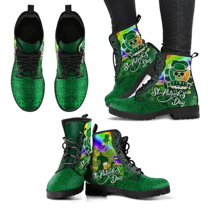Happy St. Patrick's Day Leather Boot - Irish Skull and Flamingo