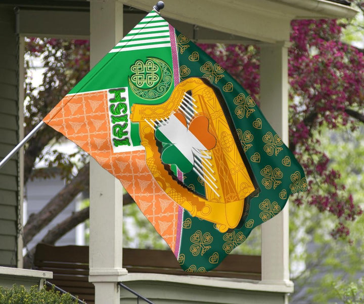Celtic Ireland Flag - Irish Shamrock with Traditional Harp