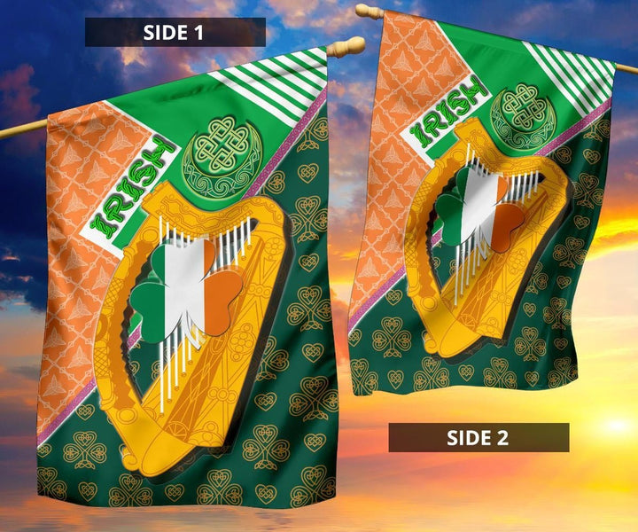 Celtic Ireland Flag - Irish Shamrock with Traditional Harp