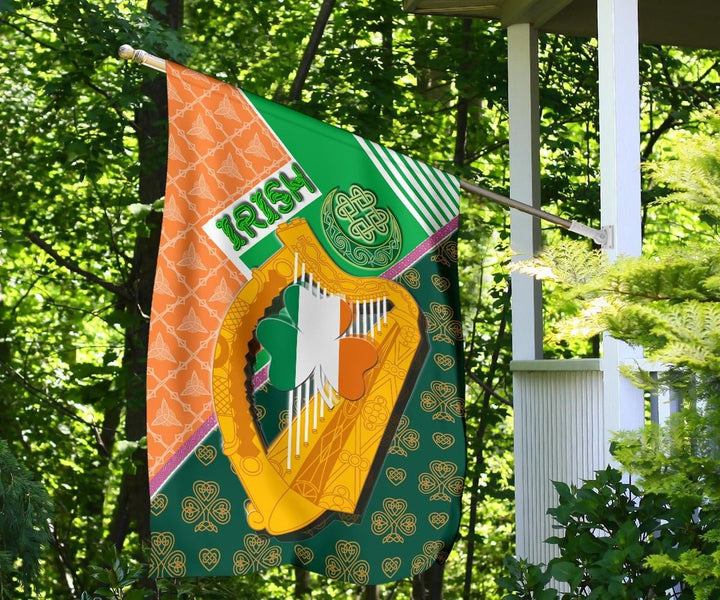 Celtic Ireland Flag - Irish Shamrock with Traditional Harp