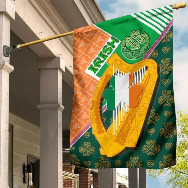 Celtic Ireland Flag - Irish Shamrock with Traditional Harp