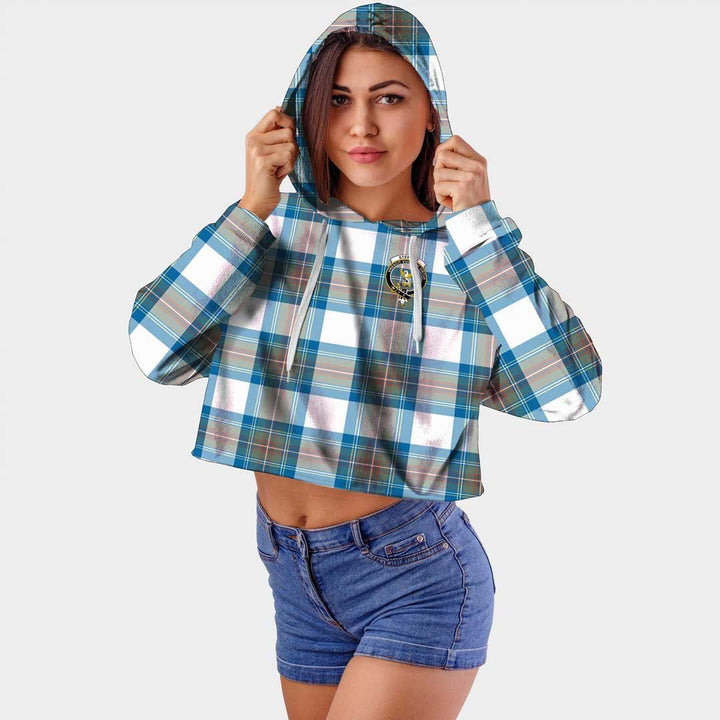 Stewart Muted Blue Clan Badge Classic Tartan Croptop Hoodie
