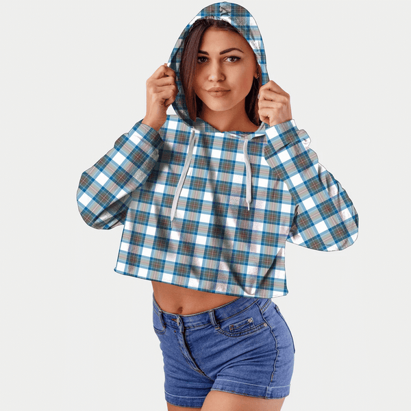 Stewart Muted Blue Tartan Crop Top Hoodie