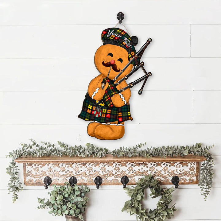 Buchanan Modern Crest Tartan Wooden Sign Gingerbread Bagpipe Personalized