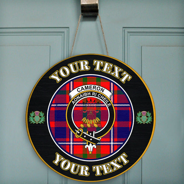 Cameron of Lochiel Modern Tartan Crest Round Wooden Sign Thistle Memory Style