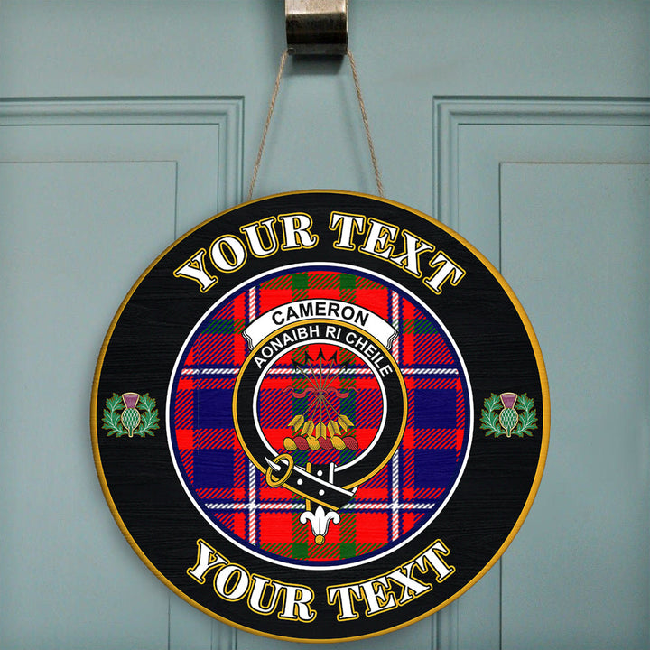 Cameron of Lochiel Modern Tartan Crest Round Wooden Sign Thistle Memory Style