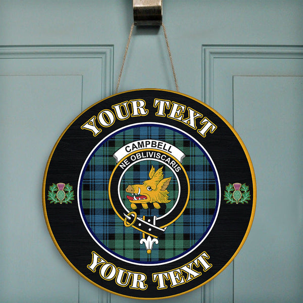 Campbell Ancient 02 Tartan Crest Round Wooden Sign Thistle Memory Style