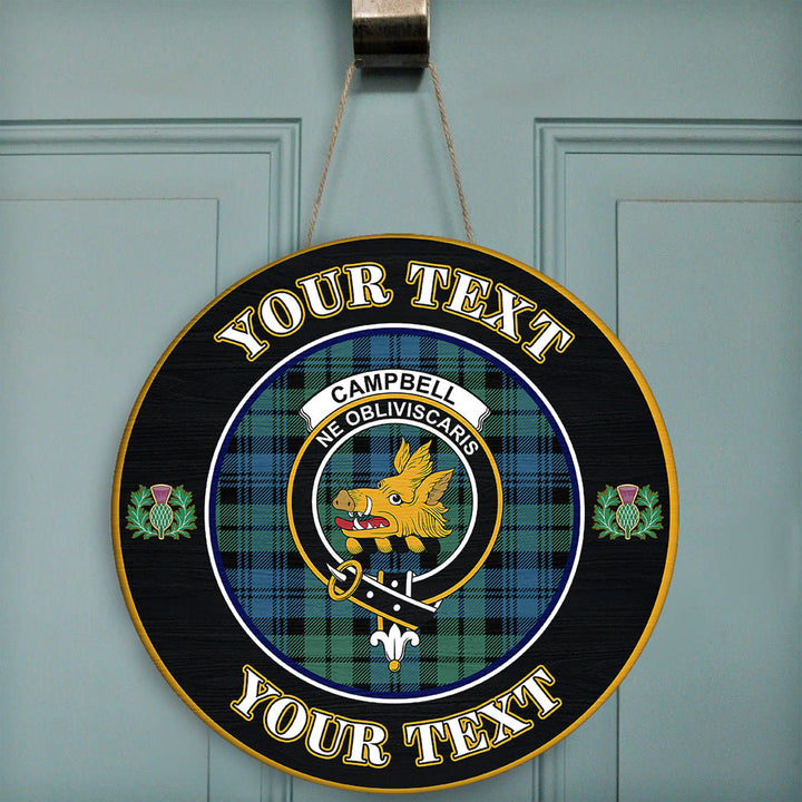 Campbell Ancient 02 Tartan Crest Round Wooden Sign Thistle Memory Style