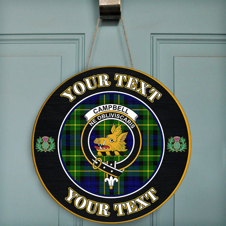 Campbell of Breadalbane Modern Tartan Crest Round Wooden Sign Thistle Memory Style