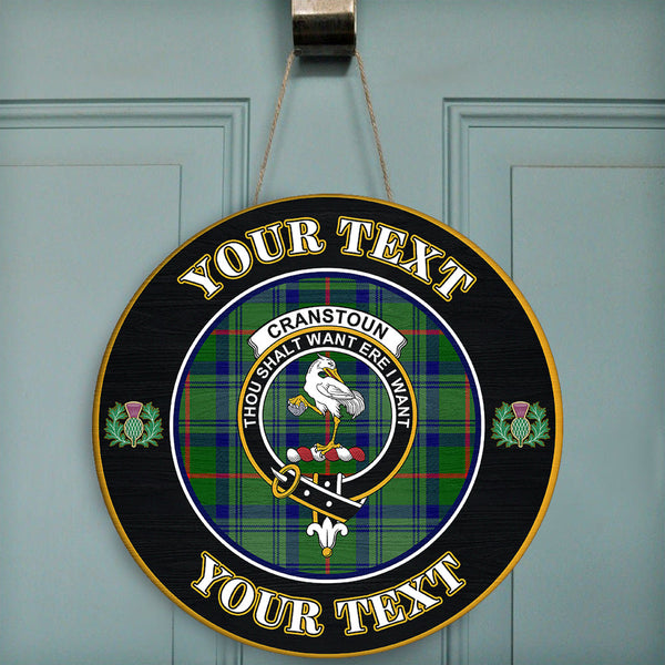 Cranstoun Tartan Crest Round Wooden Sign Thistle Memory Style