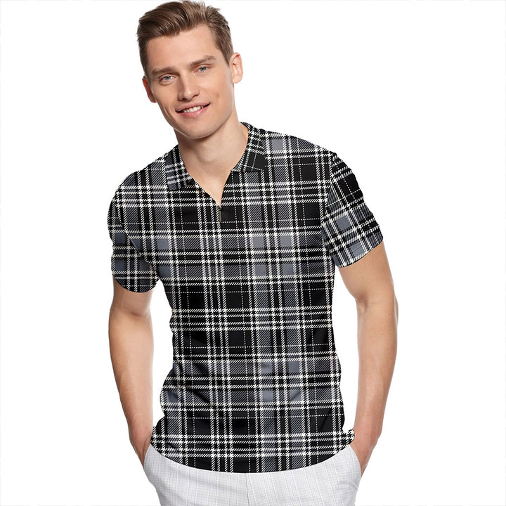Drummond (Clans Originaux) Grey Modern Tartan Classic Lapel Zip Short Sleeve Polo