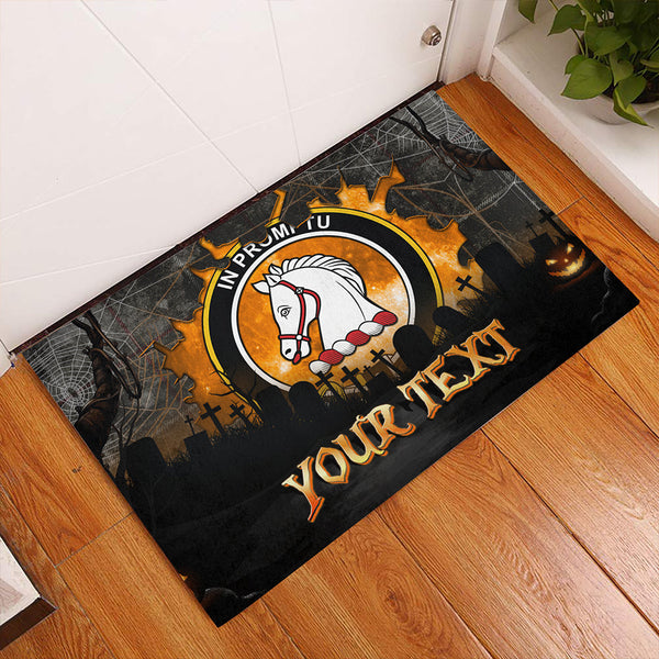 Dunbar of Pitgaveny Weathered Clan Badge Tartan Personalize Doormat Happy Halloween Style