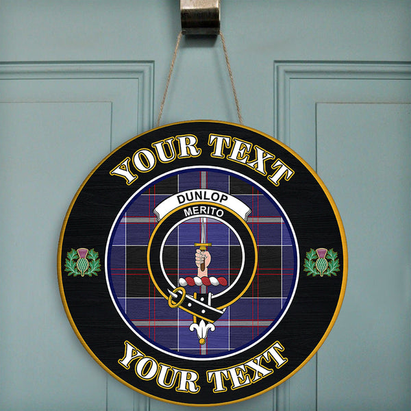 Dunlop Modern Tartan Crest Round Wooden Sign Thistle Memory Style