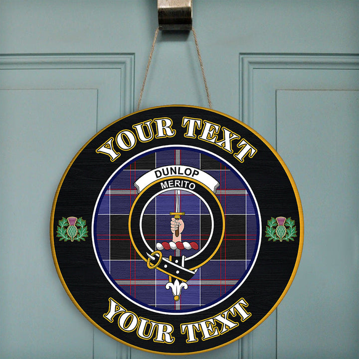 Dunlop Modern Tartan Crest Round Wooden Sign Thistle Memory Style