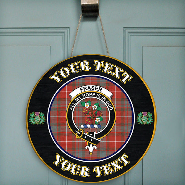 Fraser Weathered Tartan Crest Round Wooden Sign Thistle Memory Style