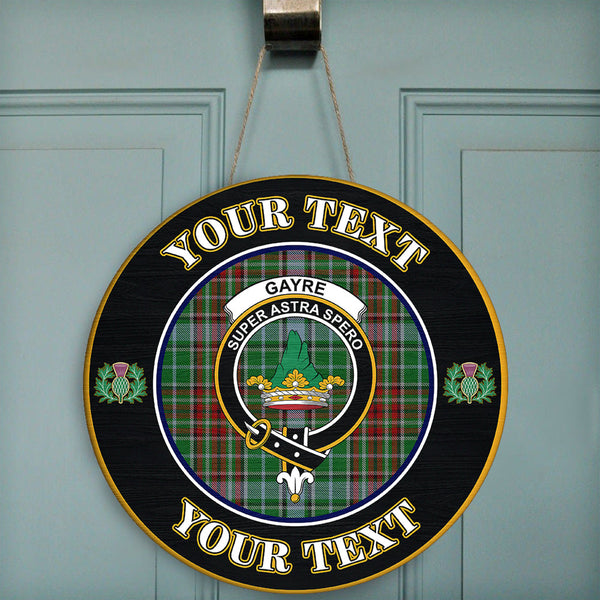 Gayre Tartan Crest Round Wooden Sign Thistle Memory Style